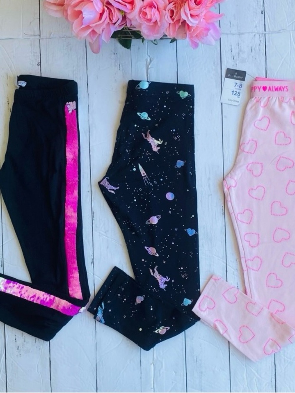 Girls' Pink Heart & Space Print Leggings - 3 Pack